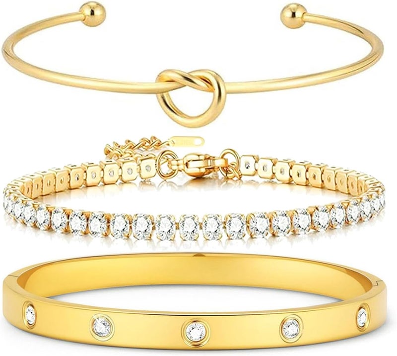 FAFUGA 18 K Gold Plated Love Bangle Bracelet Stack Cuff Jewelry for Women Jewelry Set for Women Gift with Box - Image 1